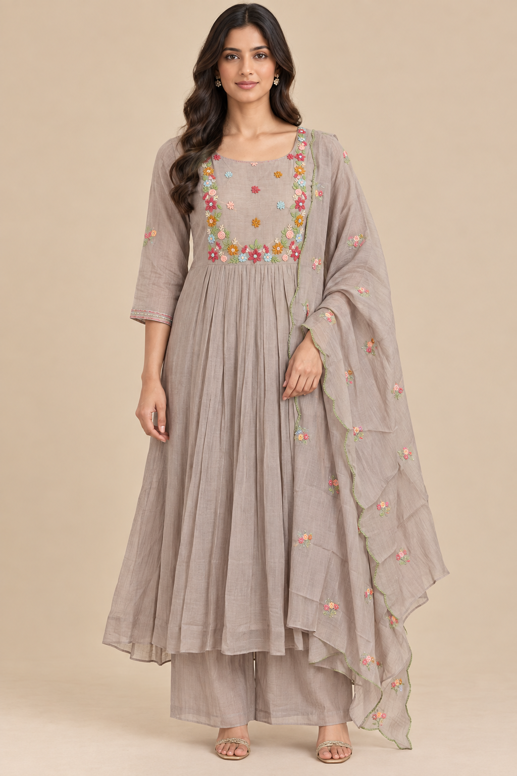 Taupe Mul Chanderi Floral Embroidered Straight-Cut Suit Set